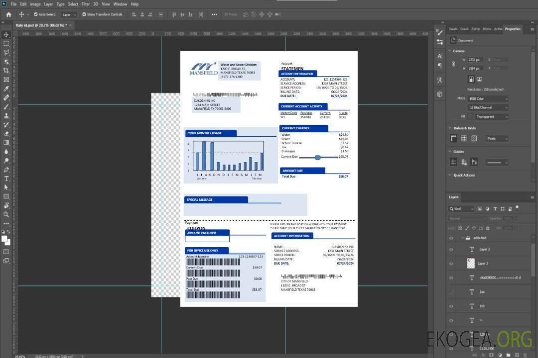 Modèle de facture de services publics des États-Unis Mansfield Texas aux formats Word et PDF template